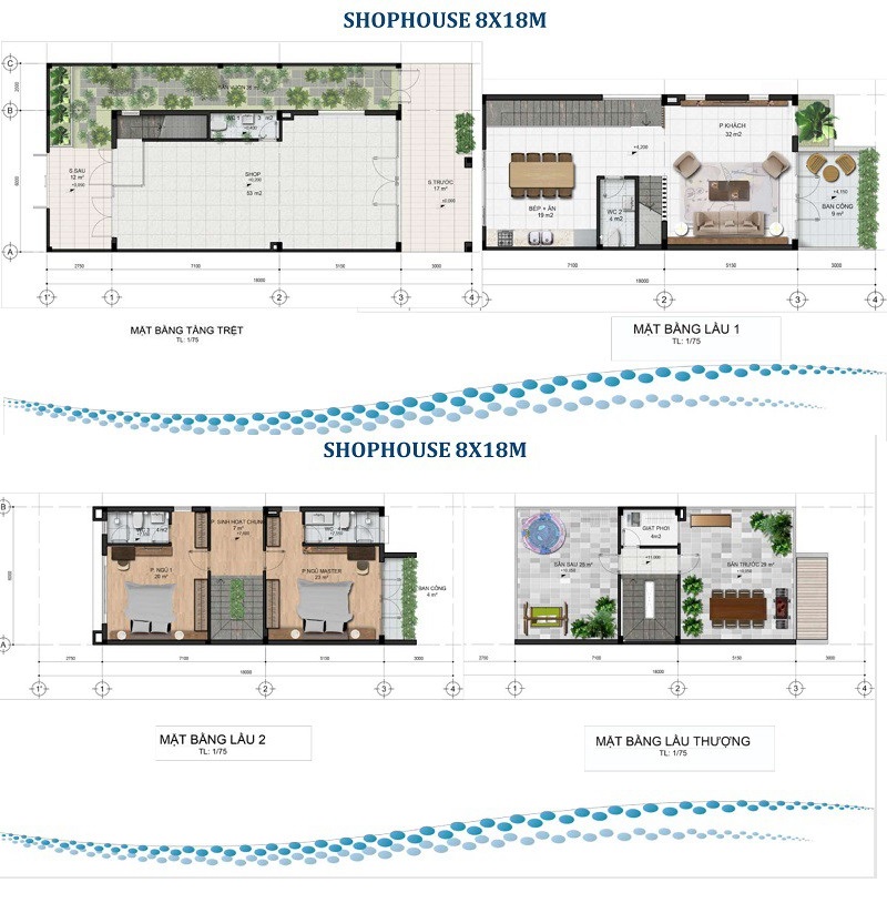 Mặt bằng shophouse  8x18m